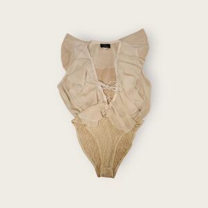 White ruffled tie front deep v-neck romantic whimsygoth new wave bodysuit